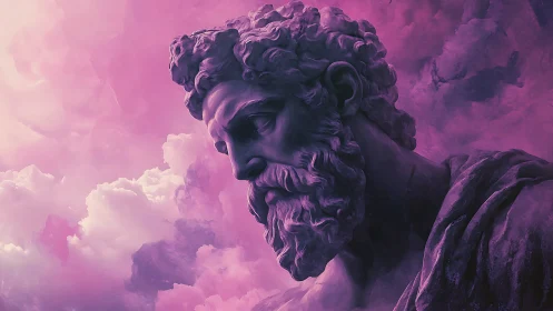 Neoclassical stone bust rendered in magenta atmospheric clouds