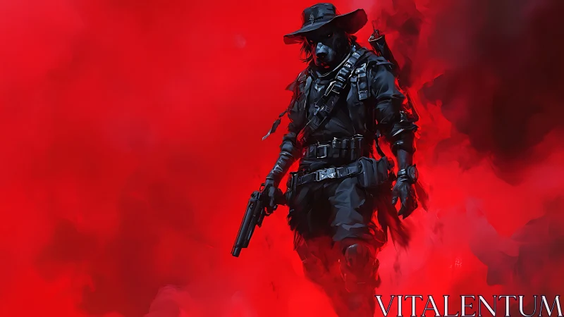 Gun-toting shadow ranger strides through boiling crimson storm