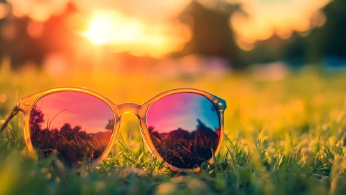 Sunlit sunglasses glowing in saturated summer grass field.