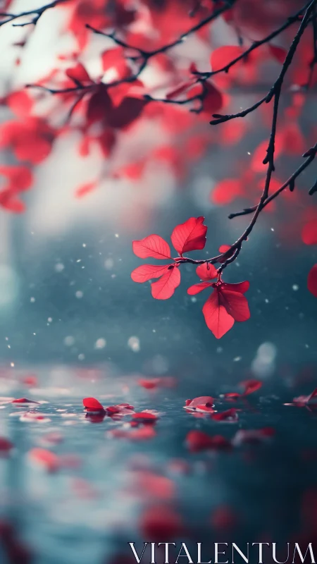 Crimson petals hovering over a hush-blue water dreamscape.