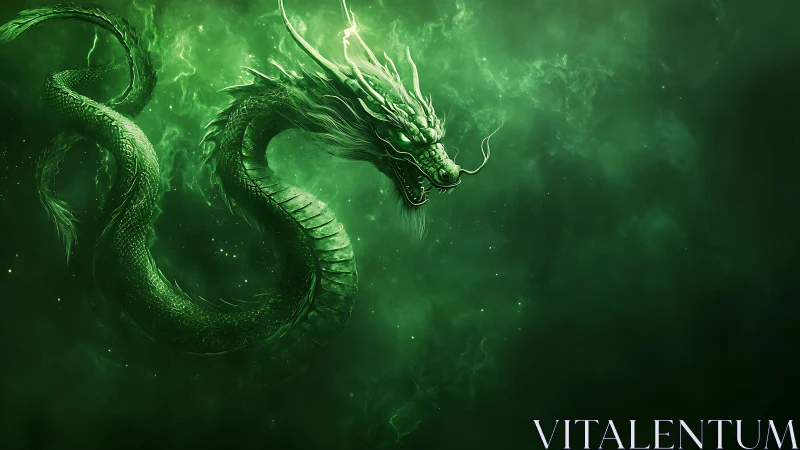 Emerald serpentine dragon coils through volumetric mist and glowing dust