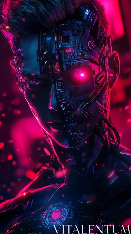 Neon-eyed cyborg sentinel staring through electric dusk.