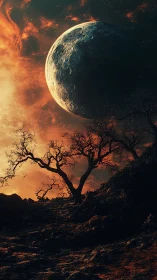 Crescent planet over barren ridge and twisted trees.