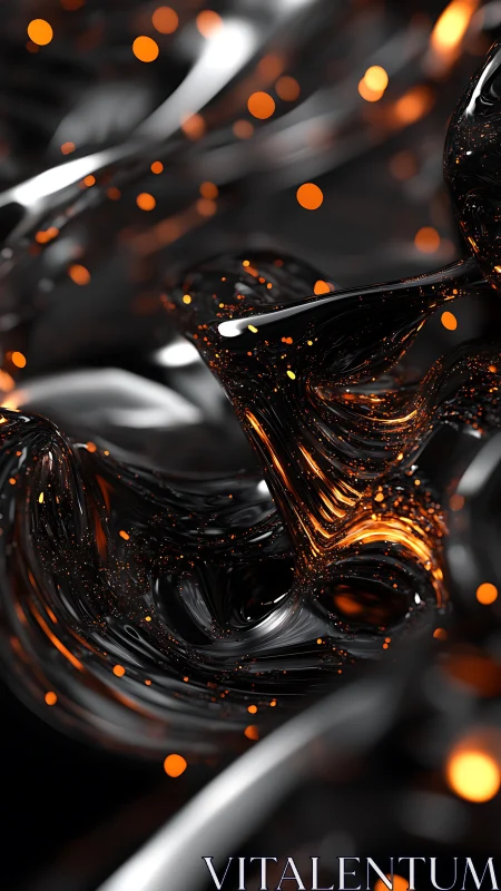 Liquid black metal swirl with glowing orange particles