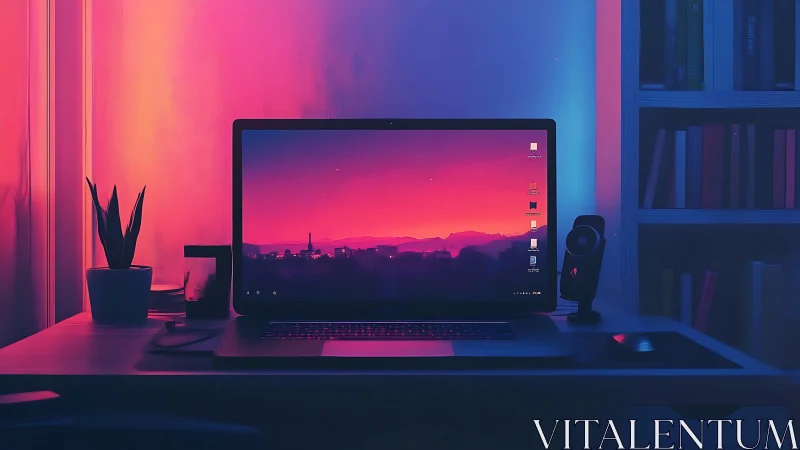 Laptop workstation in neon gradient home office setting.