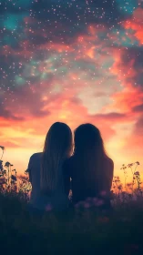 Two Figures Silhouetted Against Luminous Sunset with Celestial Particle Effects.