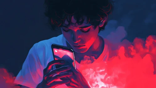 Digital painting portrait with neon phone glow and vapor clouds.