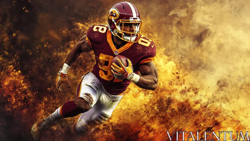 Explosive football runner charges forward through blazing smoke