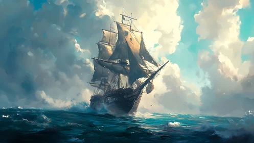 Sailing ship on open ocean under large dynamic cloudscape.