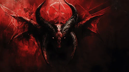 Horned demon visage emerging from crimson inferno background.