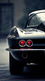 Rear view of vintage black sports coupe in soft light.