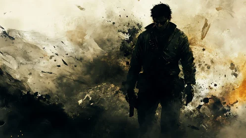 Digital painting of lone armed figure in fragmented smoke field.