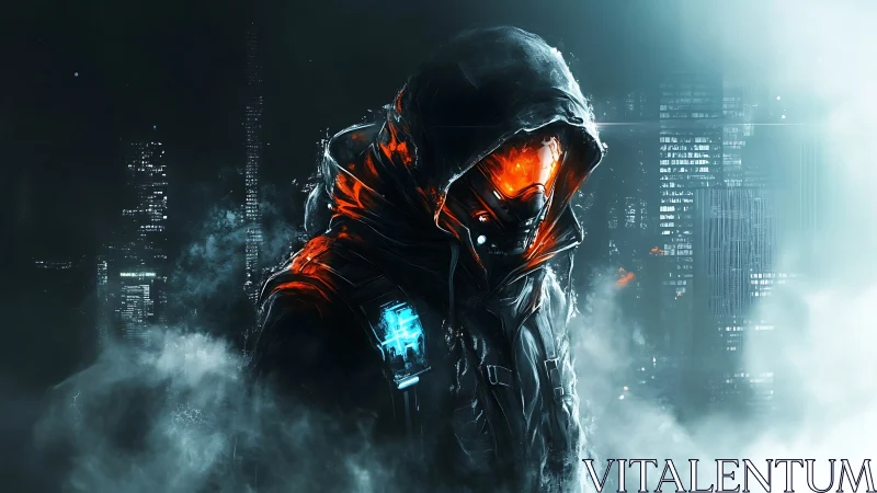 Cybernetic hooded operative in neon vapor cityscape glow.