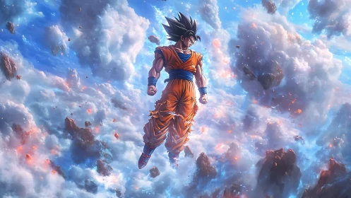 Anime fighter floating among dense glowing storm clouds.