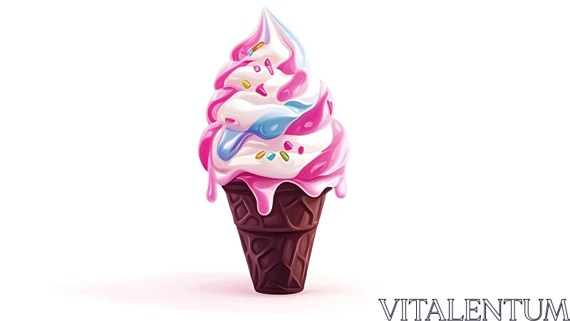 Swirled pastel ice cream cone in glossy digital illustration.
