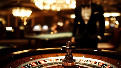 Roulette wheel glows under warm casino chandelier light.