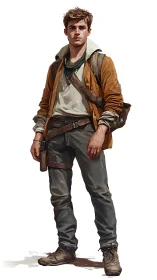 Young rugged explorer character in layered outdoor clothing