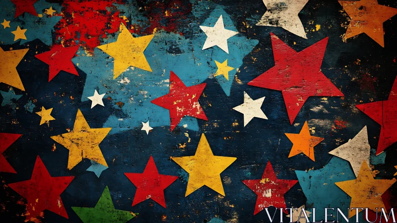 Textured multicolor starfield with distressed vintage surface.