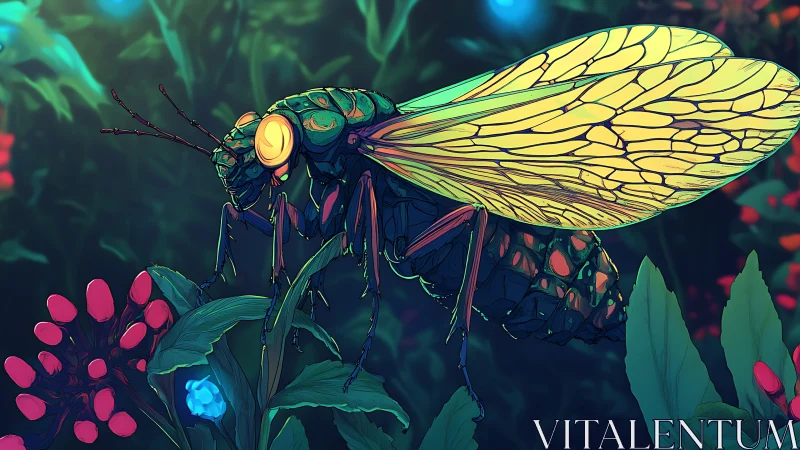 Luminous forest insect rests among glowing neon flowers