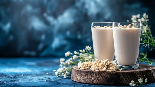 Creamy oat milk glasses on rustic wood with moody bokeh background.