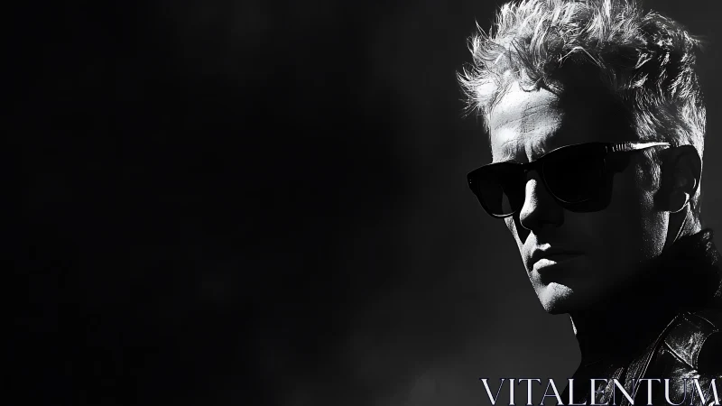 Shadowlit rebel in dark shades and storm-tossed hair.