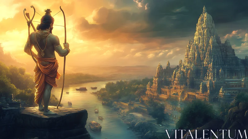 Epic riverfront deity overlooking golden temple complex.