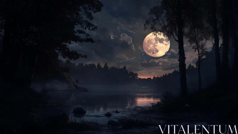 Full moon over forest lake with silhouetted trees at night.