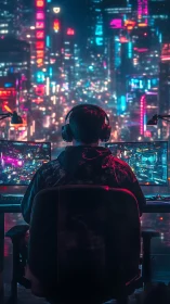 Neon-drenched gamer pilots twin screens through cyber city haze