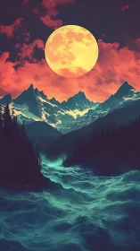 Surreal neon river under colossal moonlit peaks.