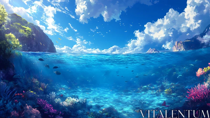 Sunlit tropical sea revealing a vibrant coral world below.