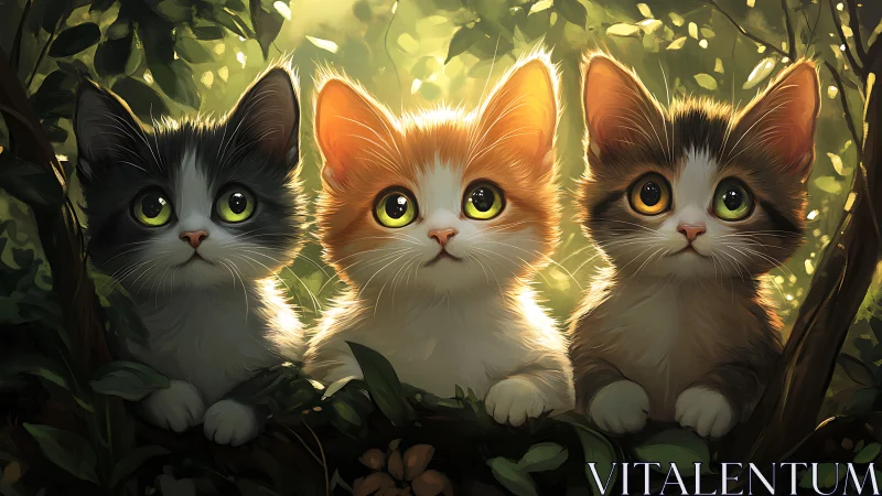 Three Kittens in Forest Clearing with Backlighting