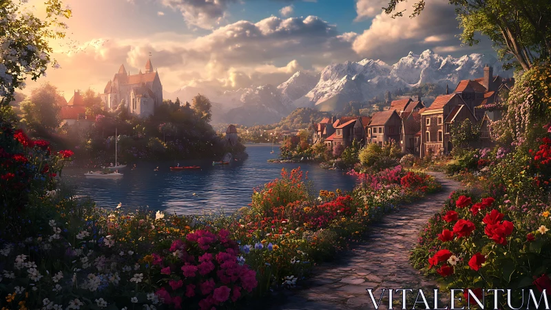 Lakeside village panorama with castle, alpine backdrop and floral path