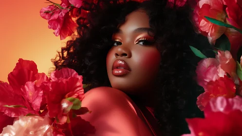 Radiant portrait amid lush crimson florals at golden dusk.