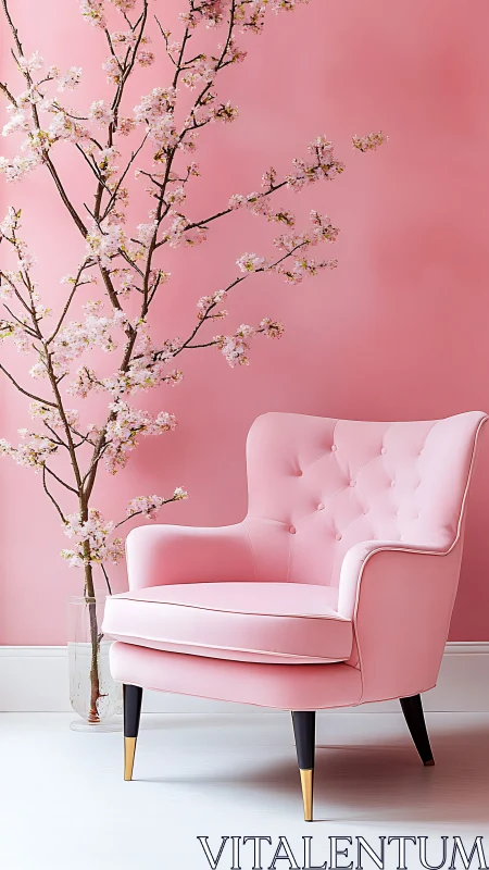 Pink armchair sits by blossoming branch in soft pastel room.