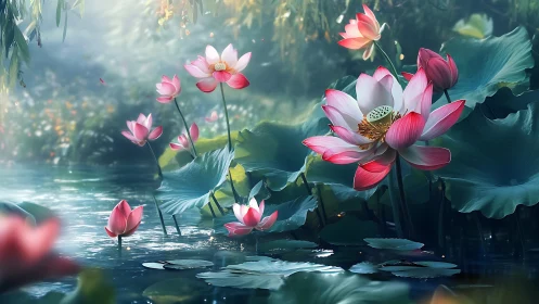 Lotus hydrodynamics under cinematic volumetric lighting bloom.