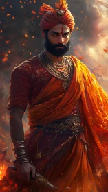 Ember crowned warrior strides through swirling battle smoke