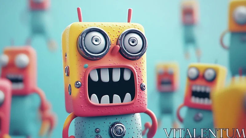 Colorful toy robots express comical shock in close view.