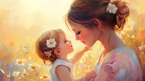 Mother and Daughter in Golden Flower Field at Sunset
