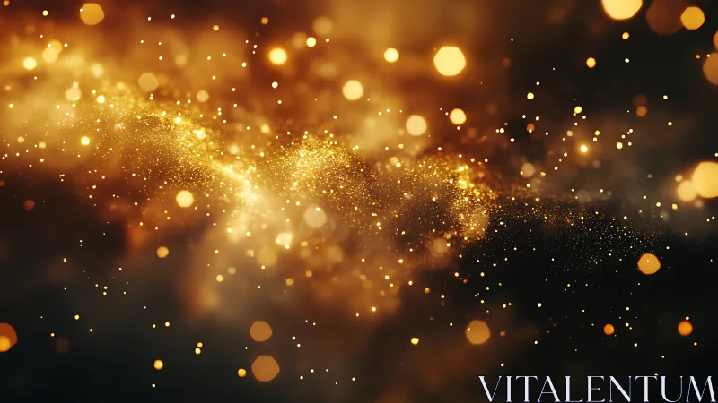 Glittering golden particle stream drifting through darkness.