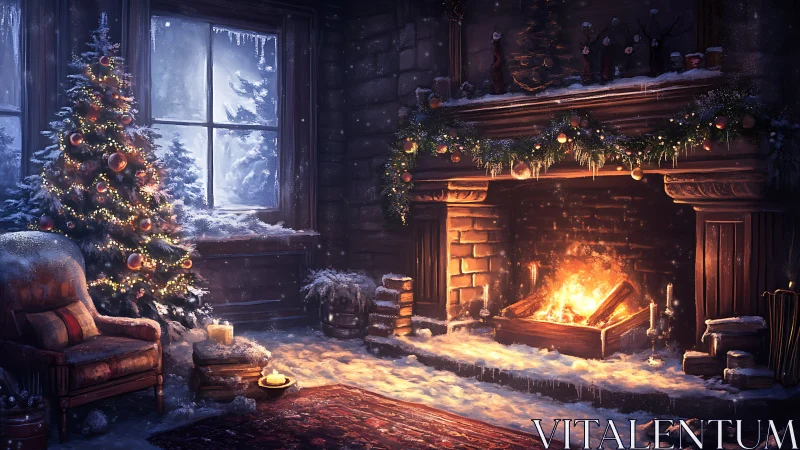 Snow-covered interior shows lit fireplace and Christmas tree