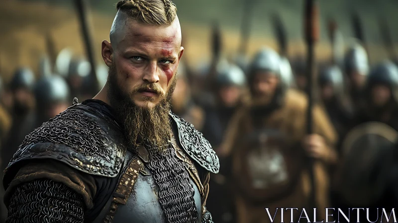 Brooding Viking warlord glares ahead before brutal battle