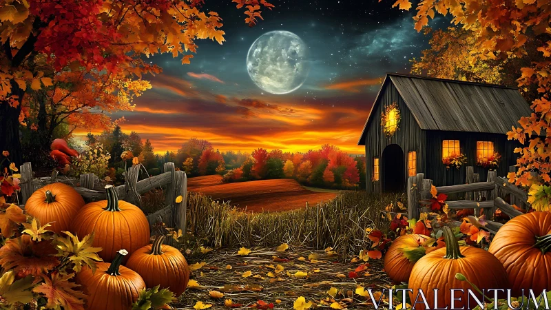 Autumn pumpkin farm under dramatic sunset and harvest moon