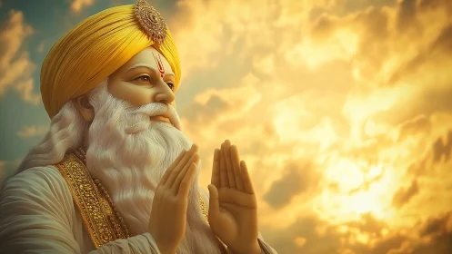 Digital painting of serene spiritual guru against sunset sky.