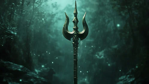 Ancient trident staff standing in misty forest rain scene.