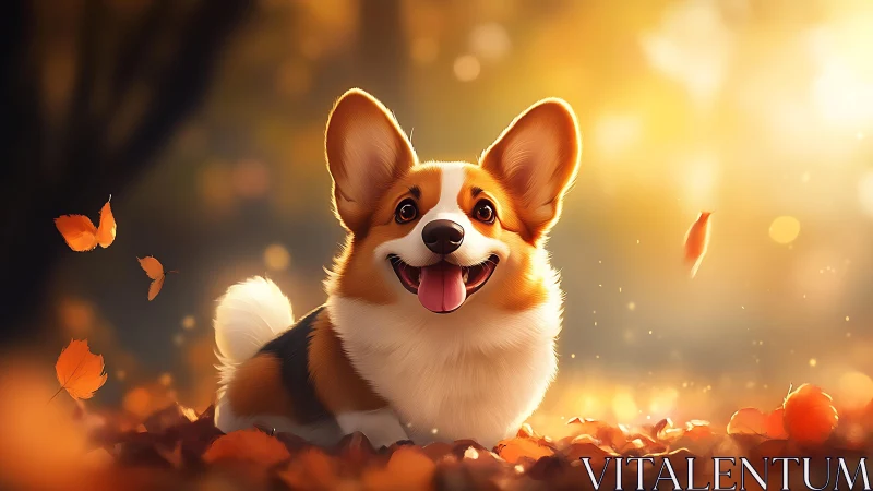 Happy corgi dog in bright autumn leaves outdoors scene.
