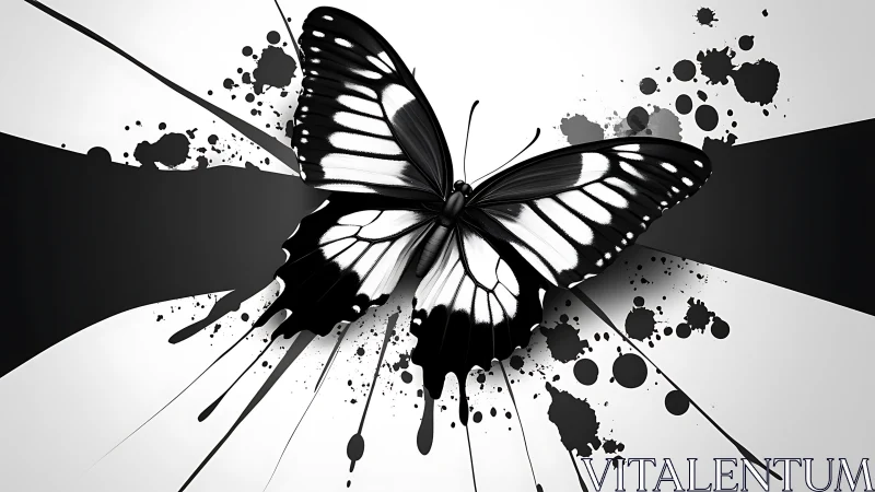 Monochrome butterfly over bold ink-splatter abstraction.