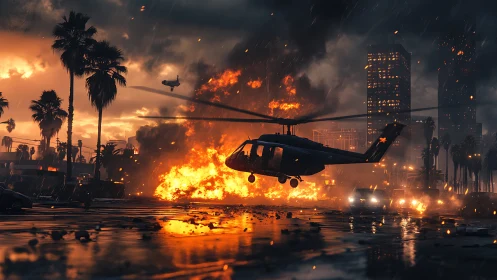 Combat helicopter skims burning city street under storm sky.