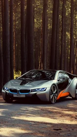 Futuristic silver coupe glides through sunlit pine forest road.