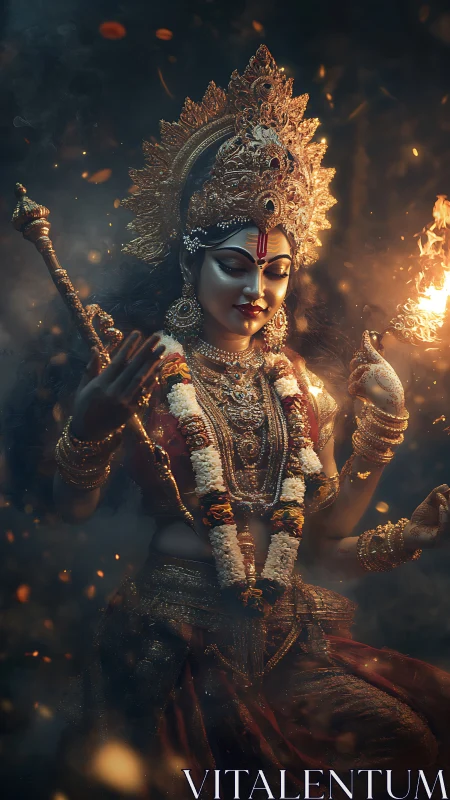 Digital depiction of ornate Hindu goddess figure at night.