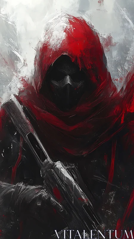 Hooded masked figure in red cloak holding rifle, abstract backdrop.